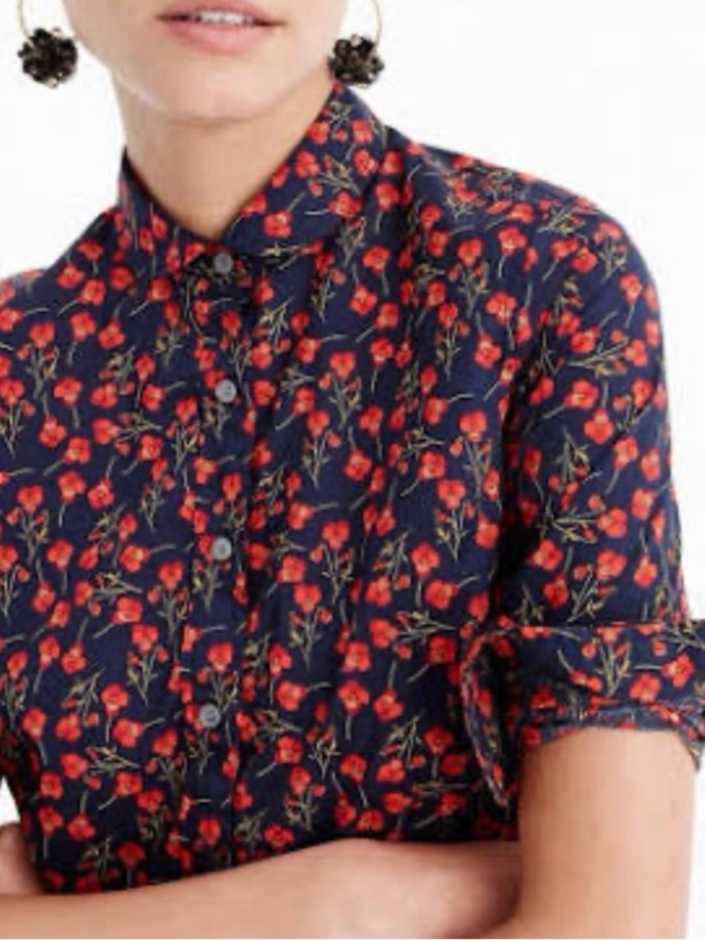 J. Crew x Liberty Navy Button-Down Shirt with Red Floral Print